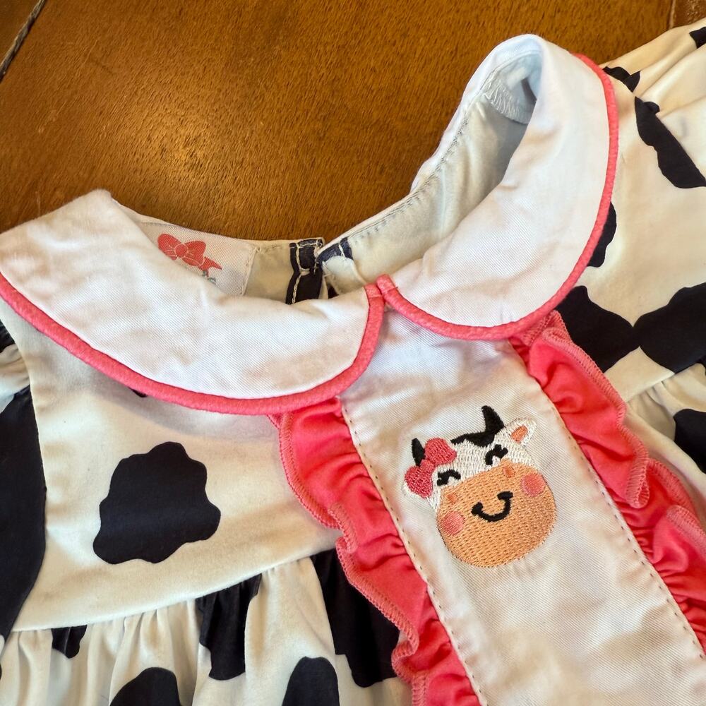 Kories Closet Cow Print Dress Spotted Embroidered Pink Ruffle Trim‎ Sz 12 18 Mos - Picture 6 of 11